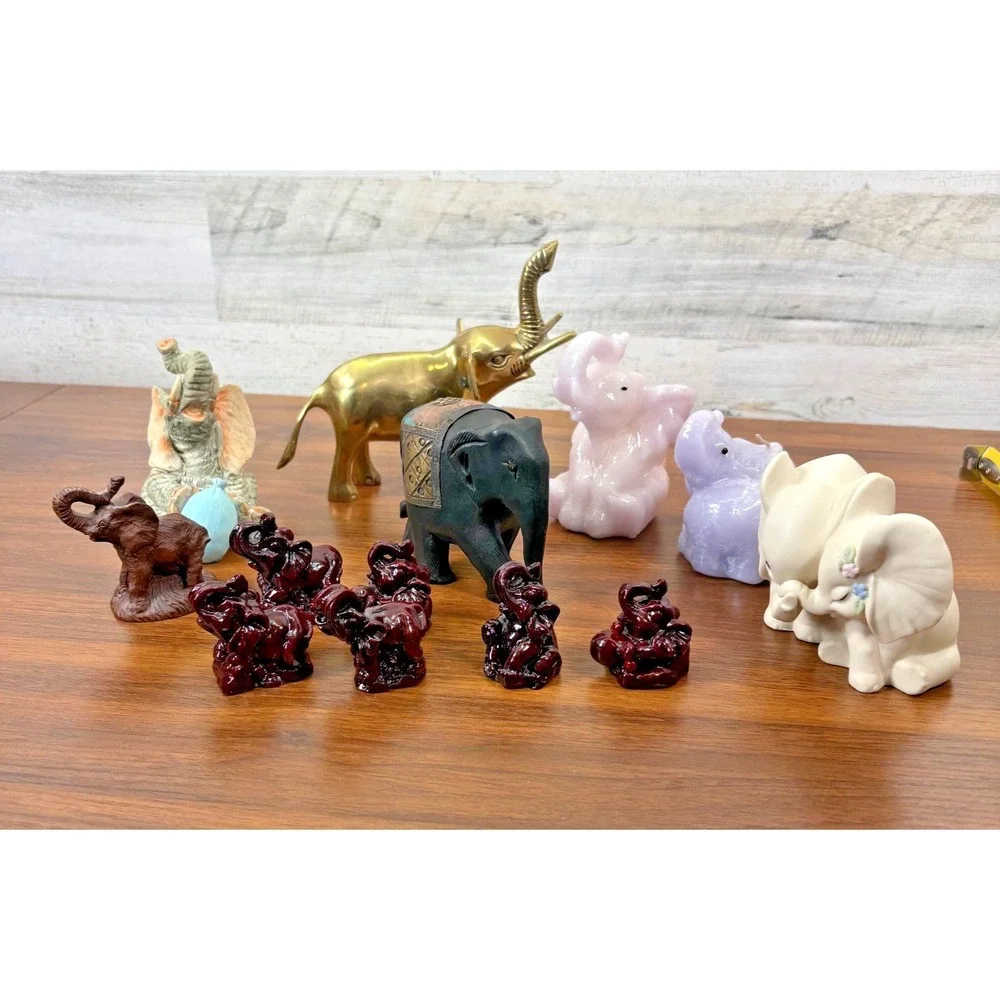 Vintage Elephants Red Resin Chinese Feng Shui, Brass, Two Candles Lot of‎ 12
